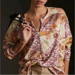 ANTHROPOLOGIE Pilcro Boxy Floral Patchwork Sweatshirt Pullover Oversized Top S